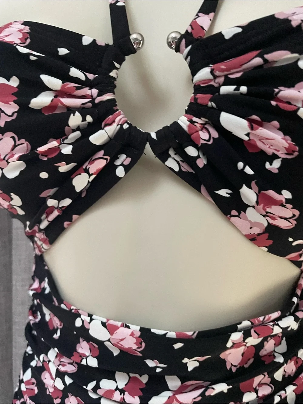 Michael Kors Black Floral Cutout One-Piece Swimsuit with Pink Accents